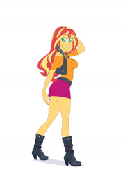 Size: 1157x1637 | Tagged: safe, artist:brother-tico, imported from derpibooru, part of a set, sunset shimmer, equestria girls, boots, breasts, busty sunset shimmer, clothes, geode of empathy, high heel boots, leather vest, magical geodes, off-shoulder top, painted nails, pose, shoes, short skirt, skirt, smiling, solo