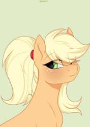 Size: 2894x4093 | Tagged: safe, artist:chickenbrony, imported from derpibooru, applejack, earth pony, pony, alternate hairstyle, blushing, closed eye, freckles, looking at you, looking back, looking back at you, ponytail, solo