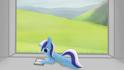 Size: 3596x2036 | Tagged: safe, artist:astralr, imported from derpibooru, minuette, pony, unicorn, book, female, grass, lying down, mare, mountain, sky, solo, window