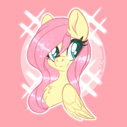 Size: 1630x1630 | Tagged: safe, artist:red_moonwolf, imported from derpibooru, fluttershy, pegasus, blushing, bust, chest fluff, cute, fangs, shyabetes, solo