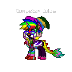 Size: 815x815 | Tagged: safe, artist:apexsoundwave, imported from derpibooru, oc, oc only, oc:dumpster juice, hybrid, pony, pony town, glasses, hat, joke oc, multicolored hair, pixel art, rainbow hair, simple background, solo, stylistic suck, transparent background