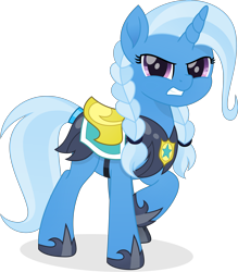 Size: 4852x5547 | Tagged: safe, artist:pumpkinpieforlife, imported from derpibooru, trixie, pony, unicorn, alternate hairstyle, armor, female, gritted teeth, mare, movie accurate, pigtails, raised hoof, royal guard, royal guard armor, simple background, solo, transparent background, vector