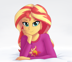 Size: 5000x4360 | Tagged: safe, artist:irisarco, imported from derpibooru, sunset shimmer, equestria girls, clothes, cutie mark, female, looking at you, lying, pajamas, simple background, smiling, solo, watermark