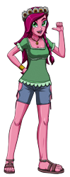 Size: 1184x3000 | Tagged: safe, artist:artemis-polara, imported from derpibooru, gloriosa daisy, equestria girls, legend of everfree, bracelet, breasts, cleavage, clothes, feet, jewelry, necklace, open mouth, pointing at self, sandals, shirt, shorts, simple background, smiling, solo, toes, transparent background