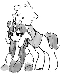 Size: 938x1152 | Tagged: safe, artist:dimfann, imported from derpibooru, oc, oc only, oc:dim, oc:sylvine, pony, unicorn, black and white, dot eyes, floppy ears, grayscale, licking, monochrome, sitting, sketch, tongue out