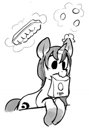 Size: 909x1298 | Tagged: safe, artist:dimfann, imported from derpibooru, oc, oc only, oc:sylvine, pony, unicorn, bag, egg, egg carton, grayscale, magic, monochrome, mouth hold, solo, telekinesis