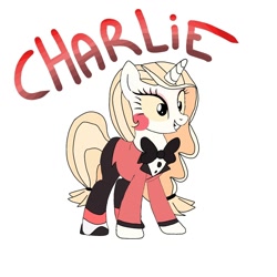 Size: 1080x1080 | Tagged: safe, artist:lorelaifanart, imported from derpibooru, pony, unicorn, base used, bowtie, charlie magne, clothes, eyelashes, female, grin, hazbin hotel, mare, ponified, simple background, smiling, solo, white background