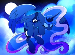 Size: 2912x2160 | Tagged: safe, artist:wutanimations, imported from derpibooru, princess luna, alicorn, pony, cloud, eyes closed, female, flying, full moon, high res, mare, moon, night, sky, solo, spread wings, stars, wings