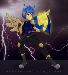 Size: 1617x1766 | Tagged: safe, artist:ro994, imported from derpibooru, flash sentry, equestria girls, fantasy class, fire hair, fist, lightning, male, ponied up, pony ears, shield, solo, super ponied up, warrior, wings