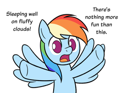 Size: 1600x1200 | Tagged: safe, artist:sazanamibd, imported from derpibooru, rainbow dash, pegasus, pony, dialogue, doraemon, no pupils, open mouth, parody, simple background, solo, talking to viewer, that pony sure does love clouds, white background