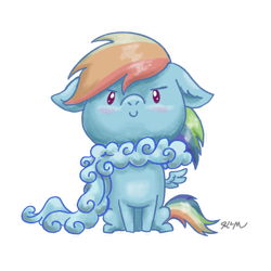 Size: 1280x1280 | Tagged: safe, alternate version, artist:catscratchpaper, imported from derpibooru, part of a set, rainbow dash, pegasus, pony, >:), beady eyes, blushing, chibi, clothes, cloud, cute, dashabetes, floppy ears, looking at you, scarf, simple background, sitting, solo, transparent background