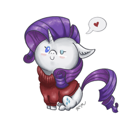 Size: 1280x1280 | Tagged: safe, artist:catscratchpaper, imported from derpibooru, part of a set, rarity, pony, unicorn, beady eyes, blushing, chibi, clothes, cute, floppy ears, heart, one eye closed, raribetes, simple background, sitting, solo, sweater, transparent background, wink
