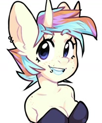 Size: 1080x1304 | Tagged: safe, artist:zymaani, imported from derpibooru, oc, oc only, anthro, unicorn, bust, clothes, ear piercing, earring, eyelashes, female, grin, horn, jewelry, piercing, simple background, smiling, solo, unicorn oc, white background