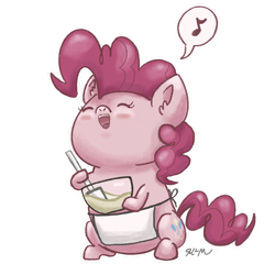 Size: 1280x1280 | Tagged: safe, artist:catscratchpaper, imported from derpibooru, part of a set, pinkie pie, earth pony, pony, baking, beady eyes, chibi, cute, diapinkes, eyes closed, open mouth, simple background, singing, sitting, solo, transparent background