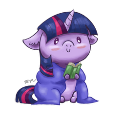 Size: 1280x1280 | Tagged: safe, artist:catscratchpaper, imported from derpibooru, part of a set, twilight sparkle, pony, beady eyes, blanket, blushing, book, c:, chibi, cute, floppy ears, reading, simple background, sitting, smiling, solo, transparent background, twiabetes