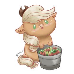 Size: 1280x1280 | Tagged: safe, artist:catscratchpaper, imported from derpibooru, part of a set, applejack, earth pony, pony, apple, beady eyes, bucket, chibi, cute, food, jackabetes, simple background, sitting, solo, transparent background