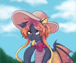 Size: 1800x1500 | Tagged: safe, artist:alune, imported from derpibooru, oc, oc:sunrise eclipse, dracony, dragon, hybrid, pony, commission, food, hat, nom, popsicle, summer, sun hat, ych result