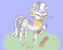 Size: 2112x1689 | Tagged: safe, artist:coffeeponee, imported from derpibooru, zecora, ear piercing, eating, eyes closed, happy, neck rings, piercing, raised hoof, stick