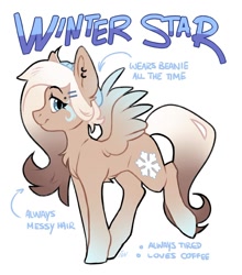 Size: 1080x1225 | Tagged: safe, artist:zymaani, imported from derpibooru, oc, oc only, oc:winter star, pegasus, pony, beanie, chest fluff, ear piercing, earring, female, hat, jewelry, mare, pegasus oc, piercing, reference sheet, simple background, smiling, solo, white background, wings