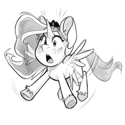 Size: 1080x1080 | Tagged: safe, artist:zymaani, imported from derpibooru, princess luna, alicorn, pony, d:, female, flying, grayscale, jewelry, mare, missing accessory, monochrome, open mouth, simple background, solo, surprised, tiara, underhoof, unshorn fetlocks, white background