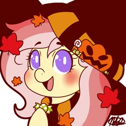 Size: 1000x1000 | Tagged: safe, artist:nate-doodles, fluttershy, pegasus, pony, autumn leaves, blushing, candy, clothes, female, food, halloween, hat, holiday, hoof hold, jack-o-lantern, leaf, mare, open mouth, pumpkin, scarf, solo, witch hat