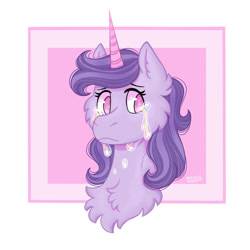 Size: 1080x1080 | Tagged: safe, artist:wezzily, imported from derpibooru, oc, oc only, pony, unicorn, abstract background, bust, cheek fluff, chest fluff, crying, ear fluff, eyelashes, fluffy, horn, solo, unicorn oc