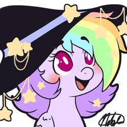 Size: 1000x1000 | Tagged: safe, artist:nate-doodles, imported from ponybooru, oc, oc only, pegasus, pony, blushing, female, hat, mare, multicolored hair, open mouth, rainbow hair, simple background, solo, stars, white background, wings, witch hat
