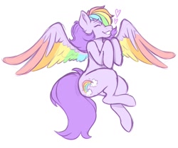 Size: 1228x1029 | Tagged: safe, artist:toomywoo, oc, oc only, pegasus, pony, eyes closed, female, heart, mare, multicolored hair, rainbow feathers, rainbow hair, simple background, smiling, solo, spread wings, white background, wings