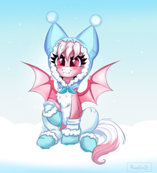 Size: 1713x1885 | Tagged: safe, artist:confetticakez, imported from derpibooru, oc, oc:cream puff, bat pony, pony, blushing, booties, boots, chest fluff, clothes, cute, fangs, female, hat, mare, shoes, simple background, sitting, snow, socks, solo, thigh highs, winter