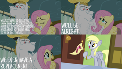 Size: 1986x1117 | Tagged: safe, edit, edited screencap, editor:quoterific, imported from derpibooru, screencap, bulk biceps, derpy hooves, fluttershy, pegasus, pony, rainbow falls, derp, eyes closed, hospital, open mouth, ponyville flag