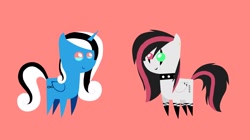 Size: 1930x1080 | Tagged: safe, artist:emalajiss36, imported from derpibooru, oc, oc only, oc:emala jiss, oc:miss smile, alicorn, pegasus, pony, alicorn oc, choker, duo, ear piercing, female, heterochromia, horn, mare, pegasus oc, piercing, pink background, pointy ponies, simple background, smiling, socks (coat marking), spiked choker, wings