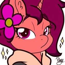 Size: 1000x1000 | Tagged: safe, artist:nate-doodles, imported from ponybooru, oc, oc only, pony, unicorn, clothes, coat, female, flower, flower in hair, horn, lidded eyes, looking at you, mare, simple background, solo, sparkles, white background