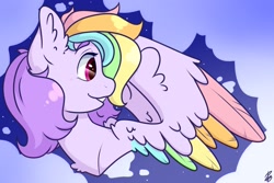 Size: 2412x1608 | Tagged: safe, artist:nate-doodles, oc, oc only, pegasus, pony, ear fluff, female, mare, multicolored hair, rainbow feathers, rainbow hair, solo, spread wings, wings