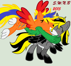 Size: 948x884 | Tagged: safe, artist:juliet-gwolf18, imported from derpibooru, oc, oc only, oc:blue bolt, oc:juliet, alicorn, pony, wolf, wolf pony, 2015, alicorn oc, base used, eyelashes, female, flying, gray background, grin, hoof shoes, horn, hug, looking back, mare, raised hoof, simple background, smiling, two toned wings, unshorn fetlocks, wings