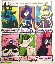 Size: 1641x1920 | Tagged: safe, artist:stasyaandmielems, imported from derpibooru, helia, queen chrysalis, tempest shadow, changeling, changeling queen, deer, fox, human, hybrid, six fanarts, antlers, armor, beetlejuice, broken horn, bust, clothes, crossover, eye scar, eyelashes, female, fingerless gloves, gloves, grin, heart, hilda (netflix), horn, licking, licking lips, male, pepsi, raised hoof, scar, shhh, smiling, soda, tongue out, traditional art, winx club