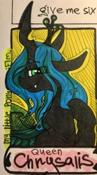 Size: 1060x1920 | Tagged: safe, alternate version, artist:stasyaandmielems, imported from derpibooru, queen chrysalis, changeling, changeling queen, bust, eyelashes, female, raised hoof, smiling, solo, traditional art