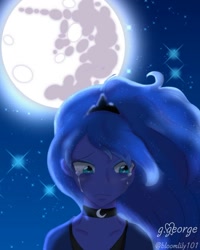 Size: 1080x1350 | Tagged: safe, artist:mildred.george, imported from derpibooru, princess luna, equestria girls, bust, choker, clothes, crying, female, jewelry, mare in the moon, moon, night, outdoors, signature, solo, stars, tiara
