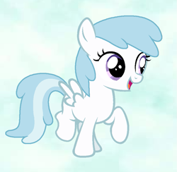 Size: 811x793 | Tagged: safe, artist:katliynrusshia, imported from derpibooru, cotton cloudy, pegasus, pony, abstract background, cottonbetes, cute, female, filly, hoof hold, open mouth, raised leg, simple background
