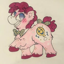 Size: 1080x1080 | Tagged: safe, artist:boom_towne, imported from derpibooru, pinkie pie, earth pony, pony, bow, bowtie, eyelashes, female, freckles, mare, raised hoof, redesign, solo, tail bow, traditional art, unshorn fetlocks