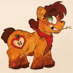 Size: 1080x1080 | Tagged: safe, artist:boom_towne, imported from derpibooru, applejack, earth pony, pony, female, freckles, grin, mare, neckerchief, redesign, smiling, solo, straw in mouth, traditional art, unshorn fetlocks