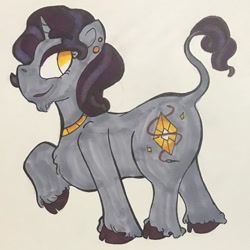 Size: 1080x1080 | Tagged: safe, artist:boom_towne, imported from derpibooru, rarity, pony, unicorn, ear piercing, female, jewelry, leonine tail, mare, necklace, piercing, raised hoof, redesign, smiling, solo, traditional art, unshorn fetlocks