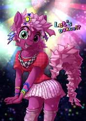 Size: 935x1323 | Tagged: safe, artist:calena, imported from derpibooru, cheerilee, anthro, earth pony, 80s, 80s cheerilee, accessories, clothes, cute, dancing, dialogue, fancy, female, looking at you, skirt, solo