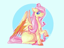 Size: 1024x768 | Tagged: safe, artist:stresssed_alien, imported from derpibooru, fluttershy, pegasus, pony, abstract background, colored hooves, eyelashes, female, mare, missing cutie mark, raised hoof, sitting, solo, two toned wings, wings