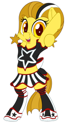 Size: 2000x3624 | Tagged: safe, artist:pirill, imported from derpibooru, oc, oc only, oc:golden star, earth pony, pony, bipedal, bow, cheerleader, cheerleader outfit, clothes, heart, looking at you, shoes, simple background, skirt, smiling, sneakers, socks, solo, stars, stockings, stretching, thigh highs, transparent background