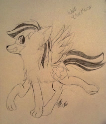 Size: 637x748 | Tagged: safe, artist:juliet-gwolf18, imported from derpibooru, oc, oc only, wolf, wolf pony, chest fluff, grin, lineart, raised paw, signature, smiling, traditional art