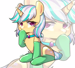 Size: 3673x3321 | Tagged: artist needed, safe, imported from derpibooru, oc, oc only, oc:anna karenna, pony, unicorn, clothes, collar, cute, gem, horn, simple background, sitting, socks, solo, thinking, unicorn oc, white background, zoom layer