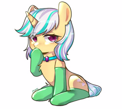 Size: 3673x3321 | Tagged: artist needed, safe, alternate version, imported from derpibooru, oc, oc only, oc:anna karenna, pony, unicorn, clothes, collar, cute, gem, horn, simple background, socks, solo, thinking, unicorn oc, white background