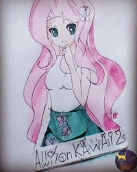 Size: 750x937 | Tagged: safe, artist:allisonkawai2, imported from derpibooru, fluttershy, human, clothes, female, hairclip, humanized, skirt, solo, traditional art