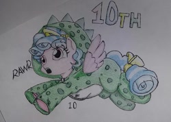 Size: 1080x768 | Tagged: safe, artist:allisonkawai2, imported from derpibooru, cozy glow, pegasus, pony, clothes, costume, cozybetes, cute, eyelashes, female, filly, kigurumi, open mouth, rawr, solo, traditional art, underhoof