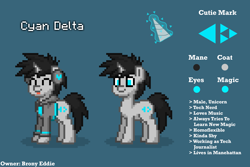 Size: 3150x2100 | Tagged: safe, artist:brony eddie, imported from derpibooru, oc, oc only, oc:cyan delta, pony, unicorn, pony town, blue background, clothes, cutie mark, headphones, hoodie, original character do not steal, reference sheet, simple background, smiling